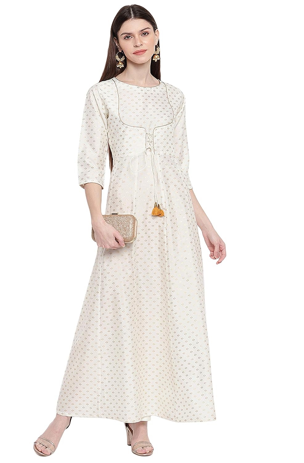 Janasya Women's Poly Silk Anarkali Kurta Off White