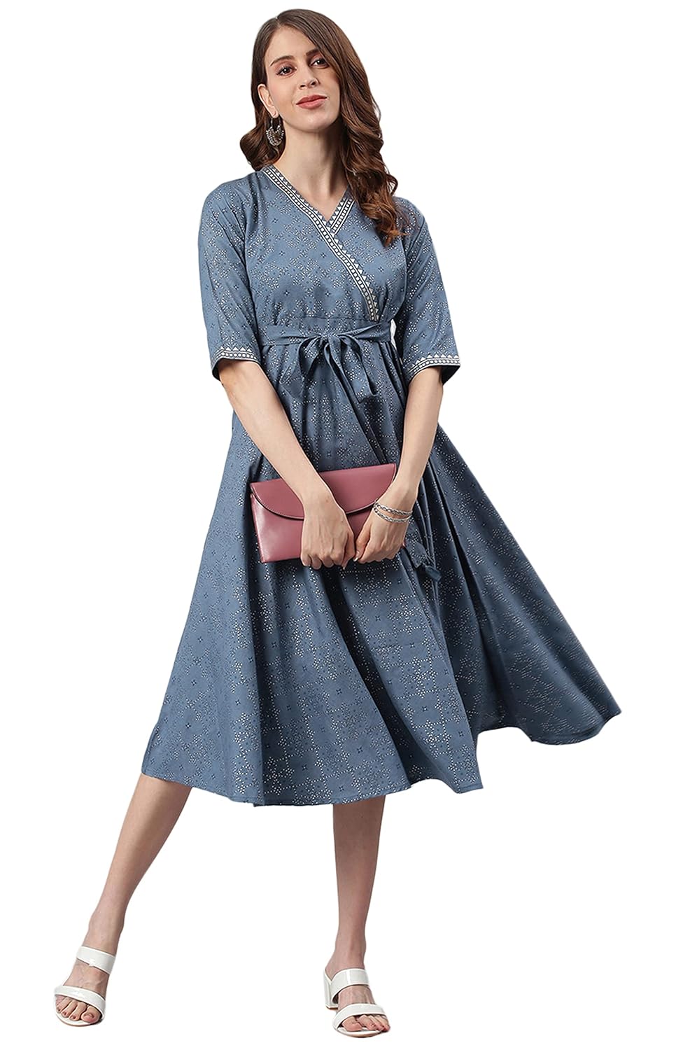 Janasya Women's Blue Cotton Flex Ethnic Dress
