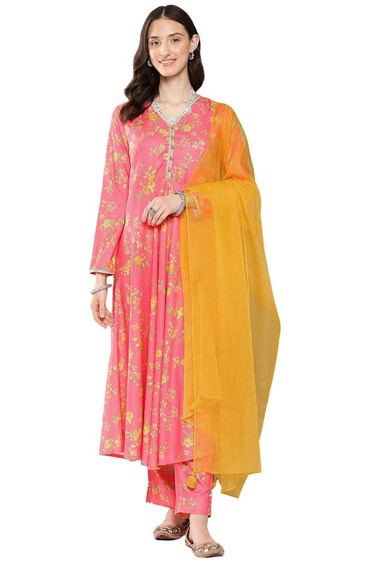 Janasya Women's Pink Moss Digital Floral Printed Kurta with Pant and Dupatta