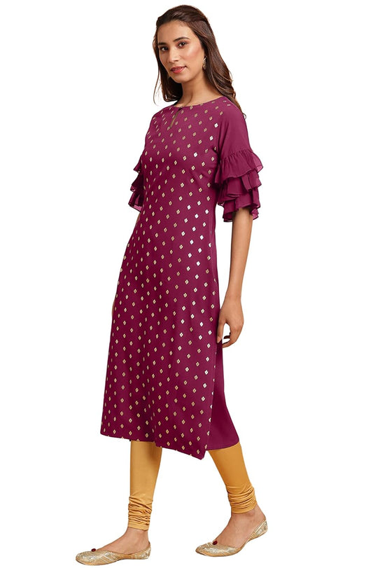 Janasya Women's Magenta Crepe Foil Print Straight Kurta