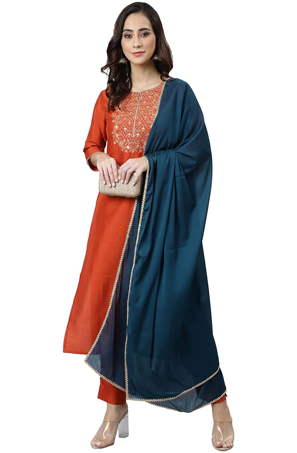 Janasya Women's Rust Orange Poly Silk Solid Kurta with Pant and Dupatta