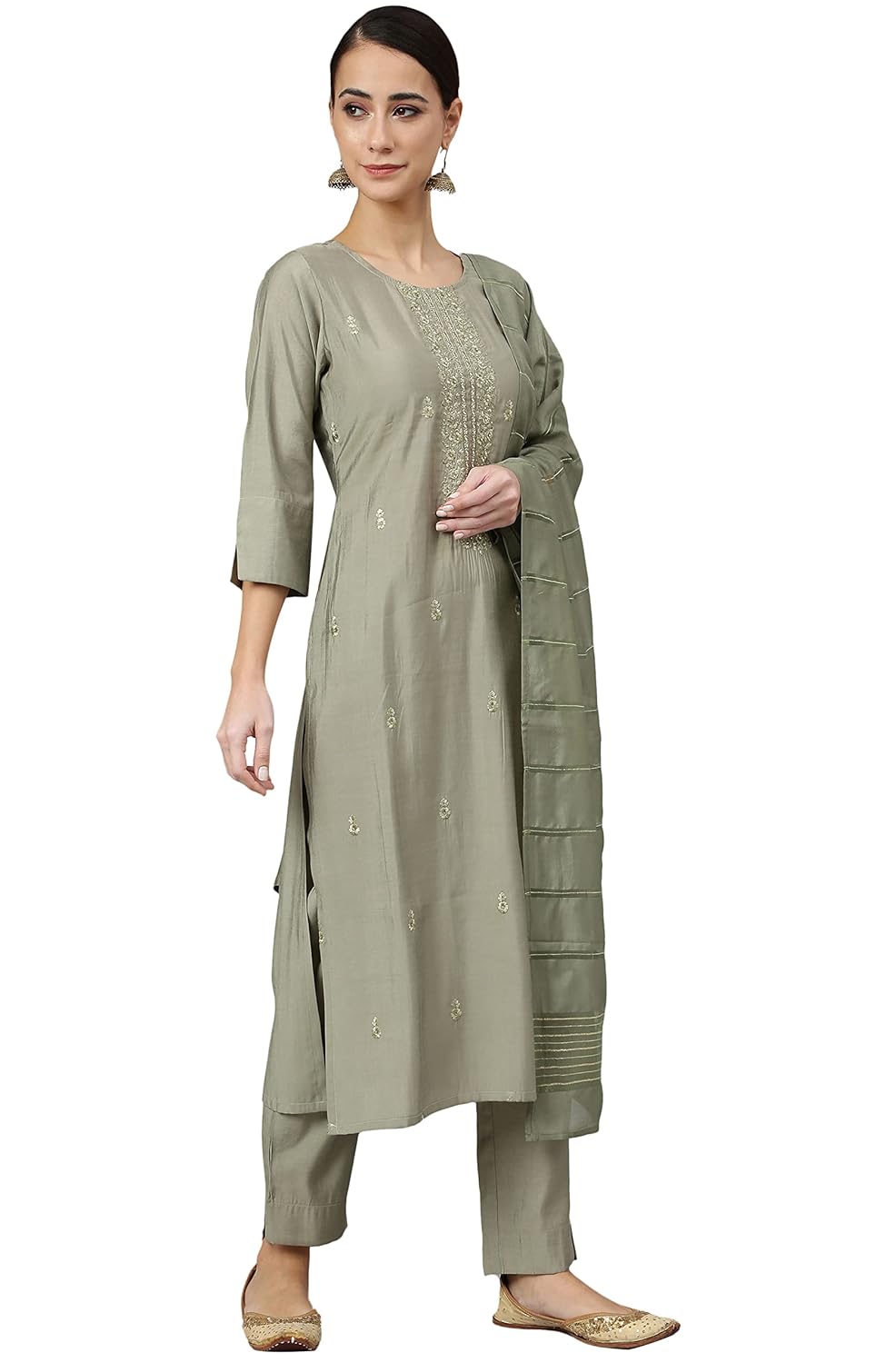 Janasya Women's Sage Green Viscose Blend Embroidered Kurta with Pant and Dupatta