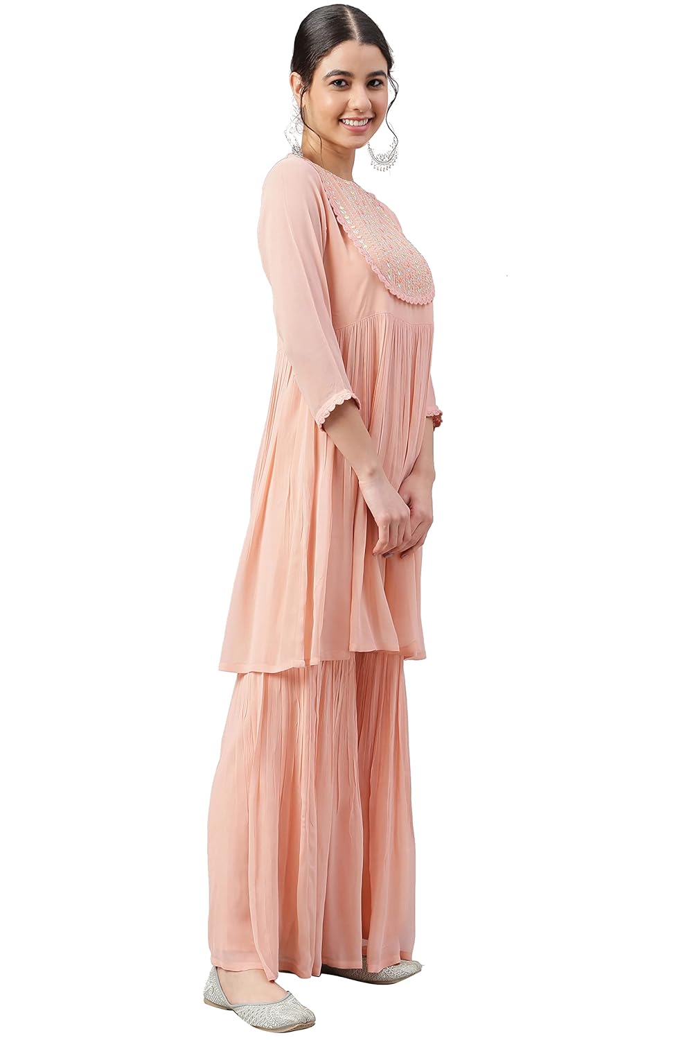 Janasya Women's Peach Georgette Thread Work Kurta with Sharara