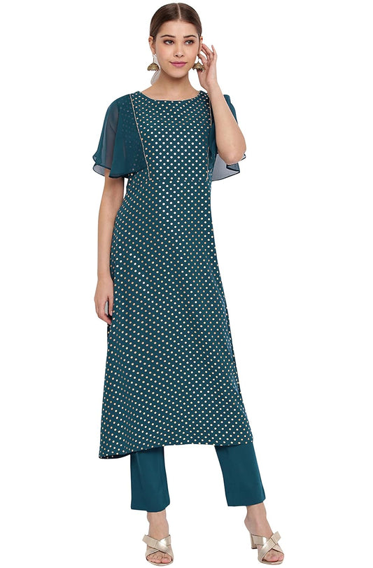 Janasya Women's Teal Poly Crepe Kurta with Pant