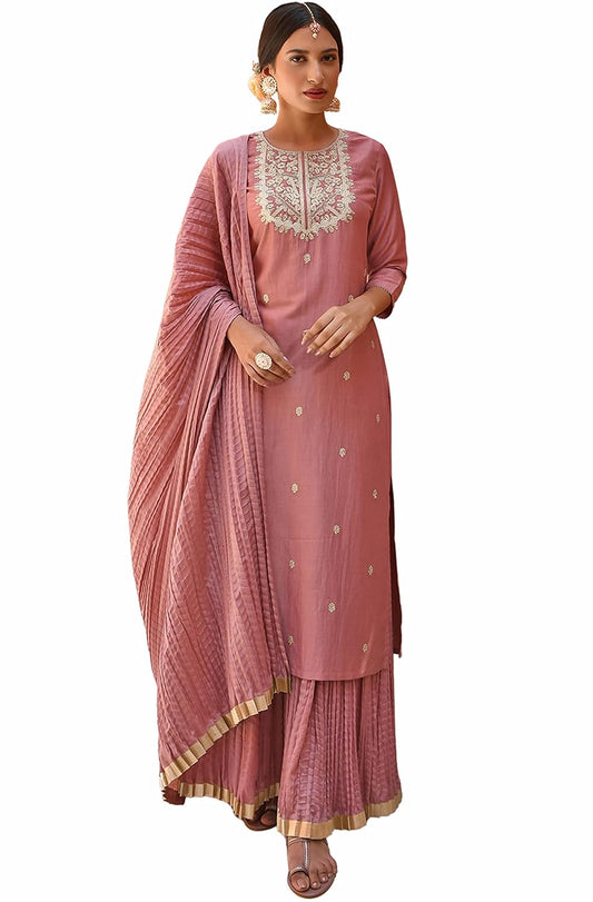 Janasya Women's Old Rose Chinon Embroidered Kurta with Skirt and Dupatta