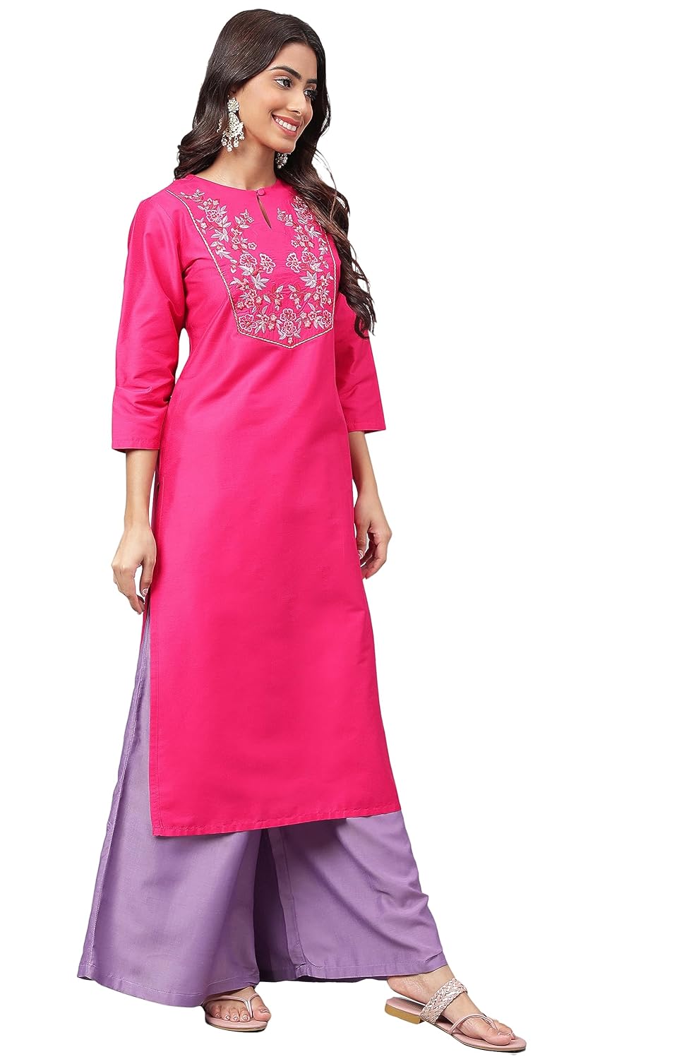 Janasya Women's Pink Poly Silk Yoke Embroidered Straight Kurta