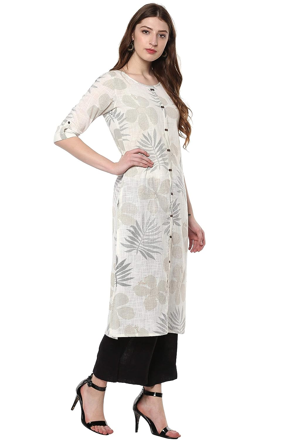 Janasya Women's Off White Cotton Foil Print Straight Kurta