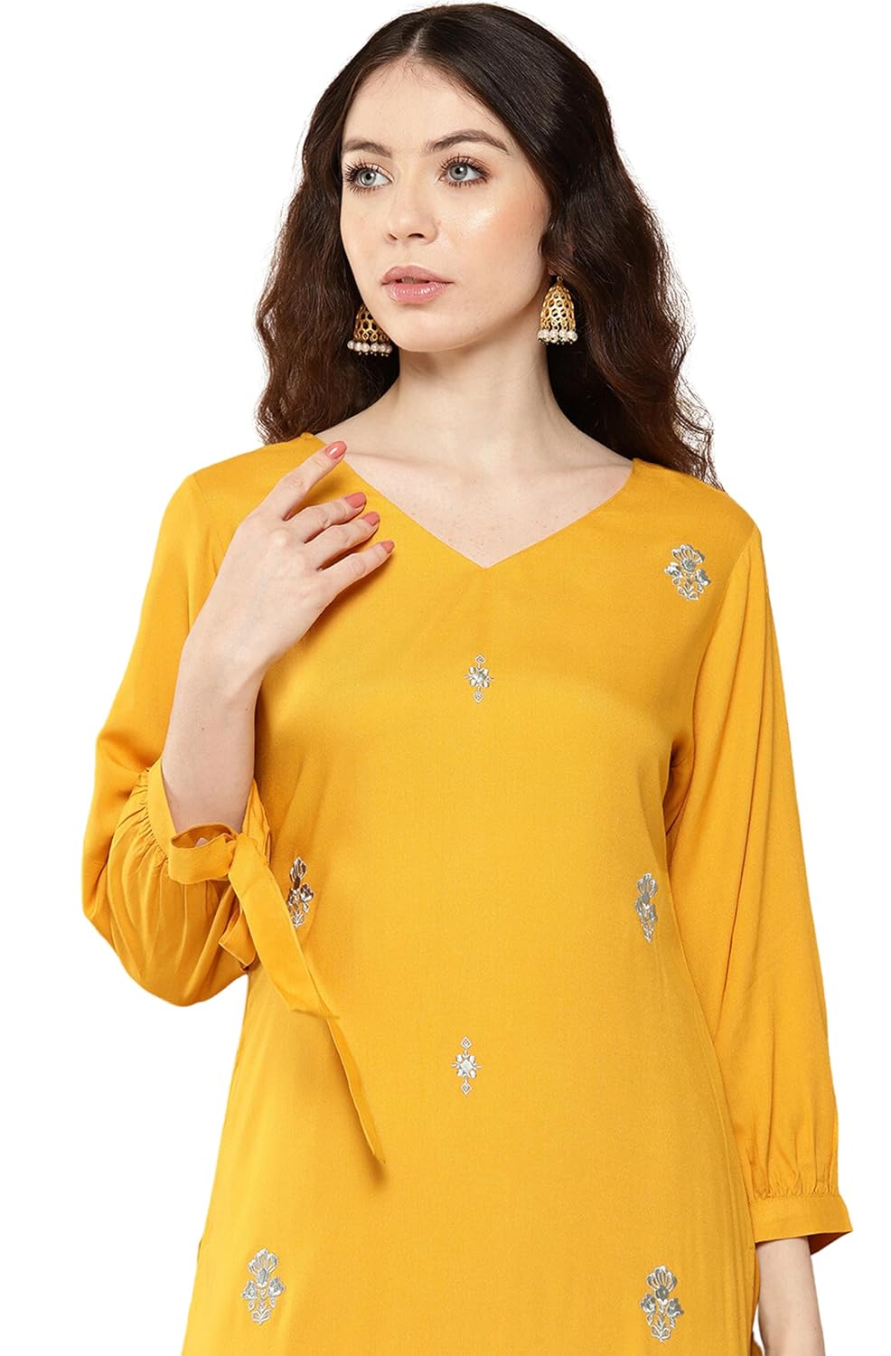 Janasya Women's Mustard Rayon Embroidered Straight Kurta