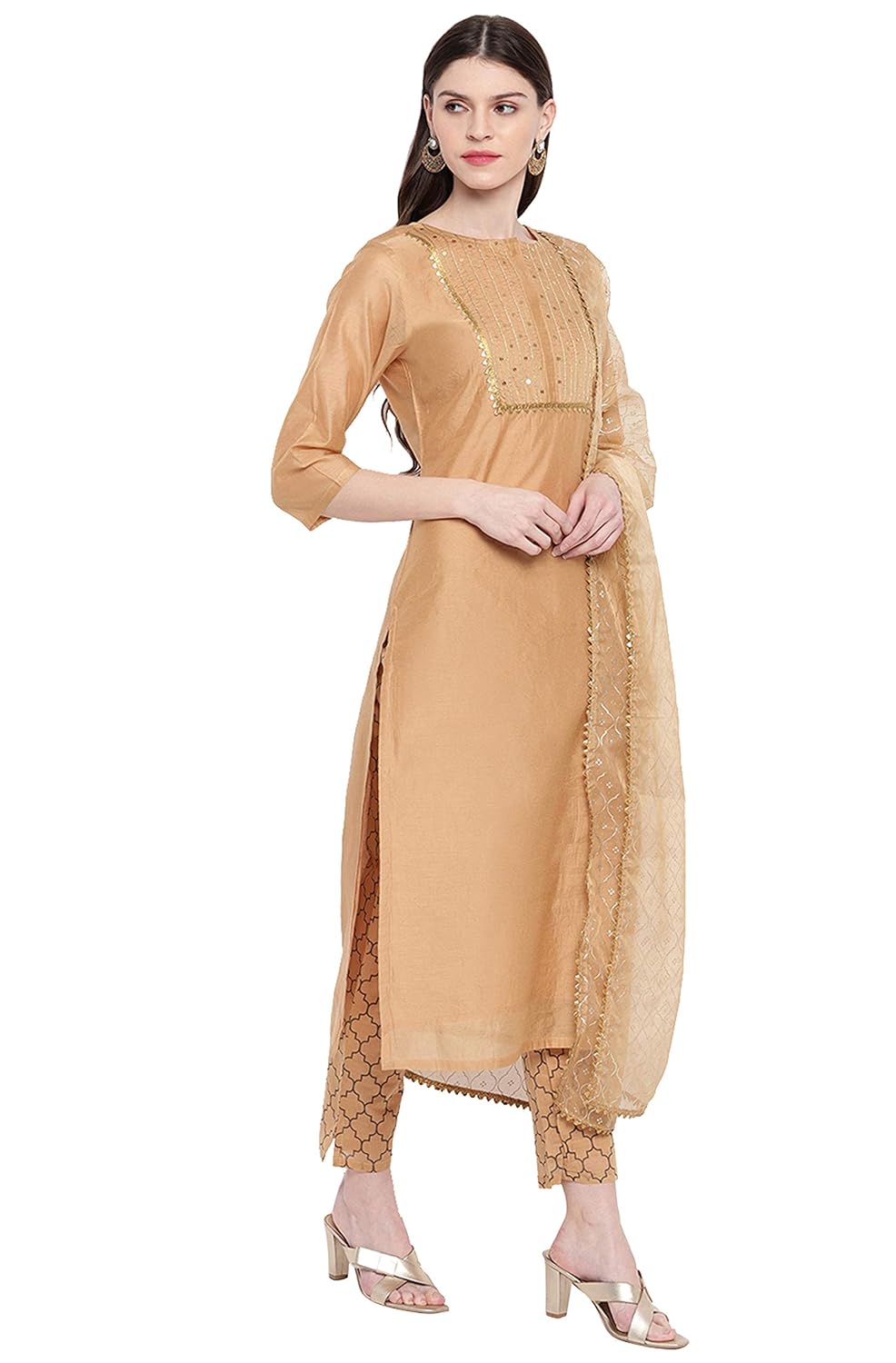 Janasya Women's Gold Poly Chanderi Kurta With Pant and Dupatta