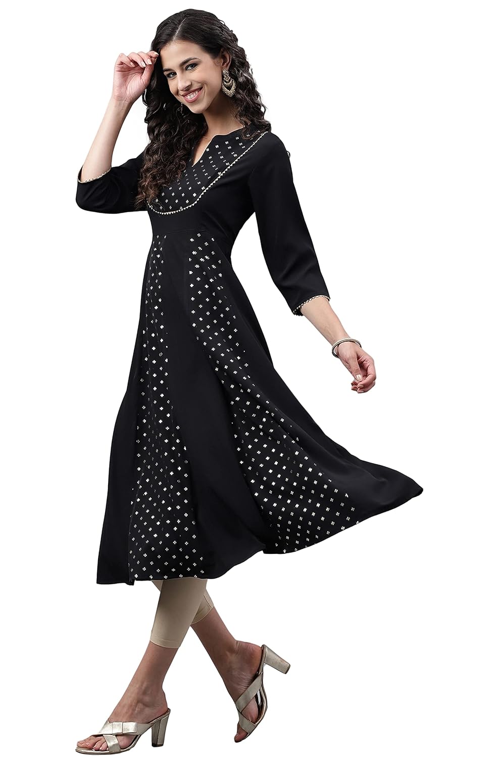 Janasya Women's Black Crepe Foil Printed Anarkali Kurta