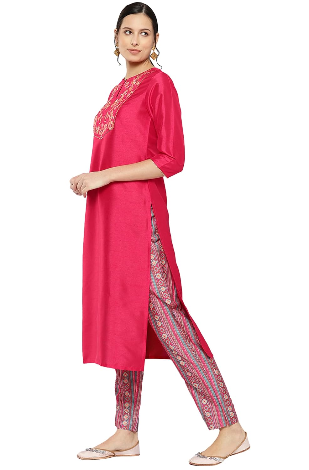 Janasya Women's Pink Crepe Silk Yoke Embroidered Solid Kurta with Pant and Dupatta