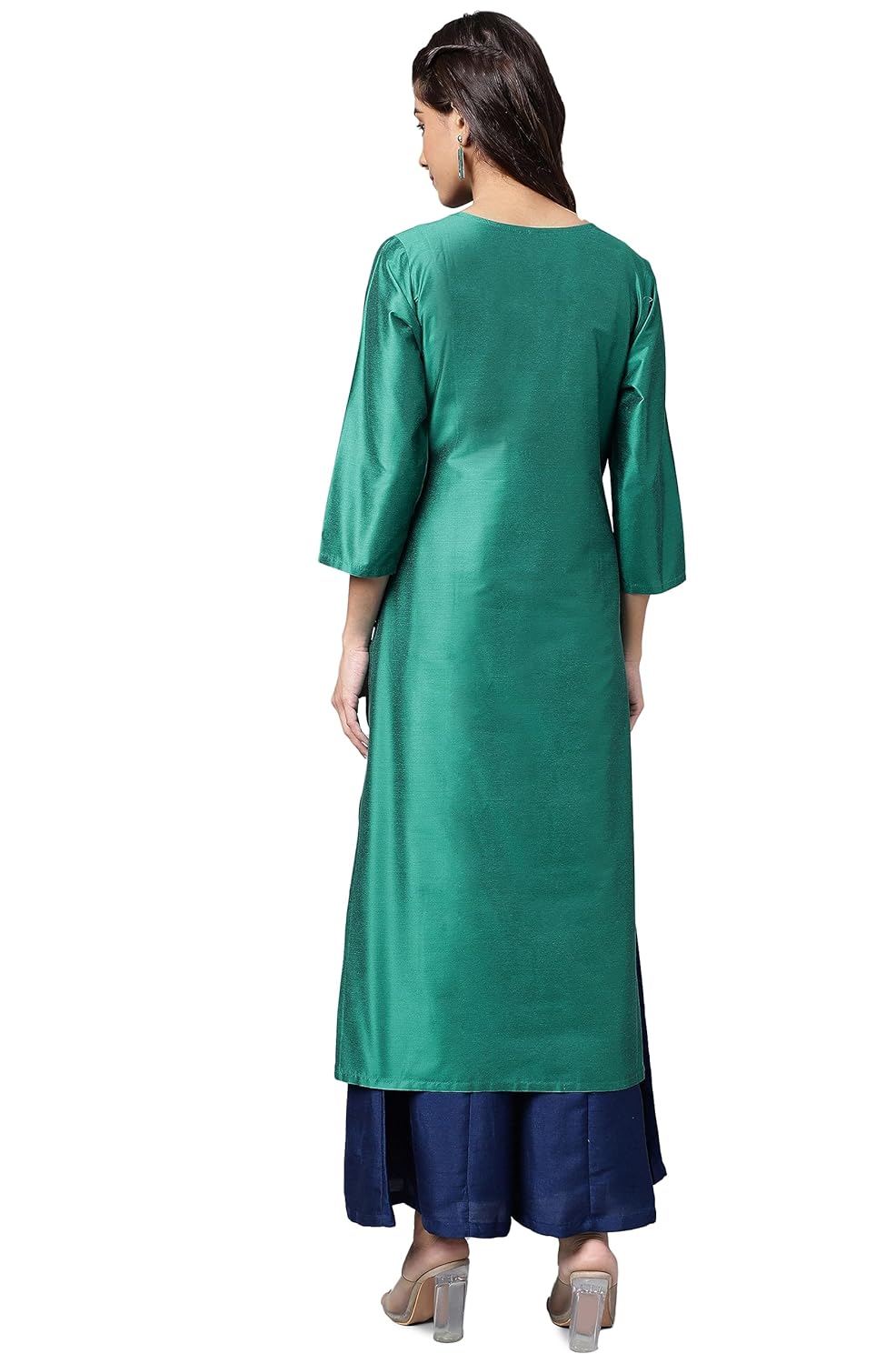 Janasya Women's Peacock Green Poly Silk Yoke Embroidered Straight Kurta