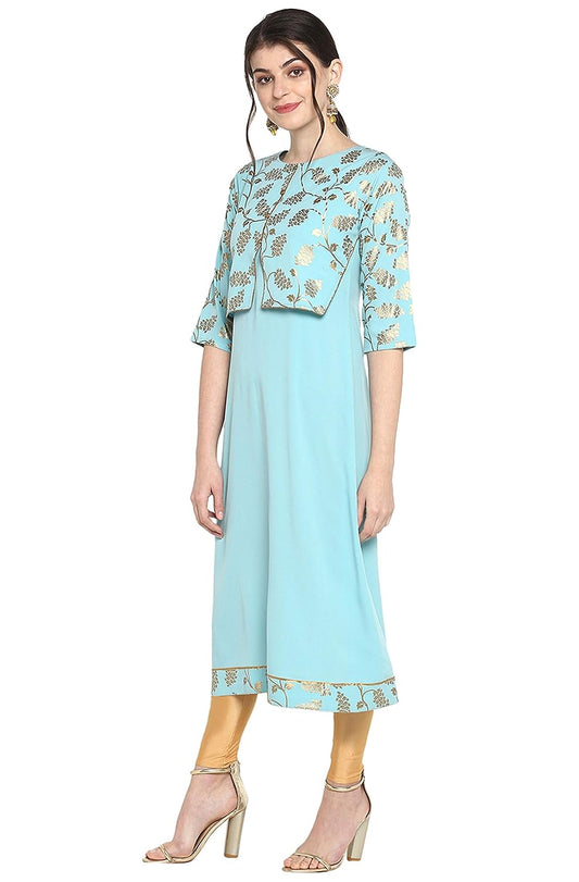 Janasya Women's Turquoise Blue Poly Crepe Gold Print A-Line with Attached Jacket Kurta