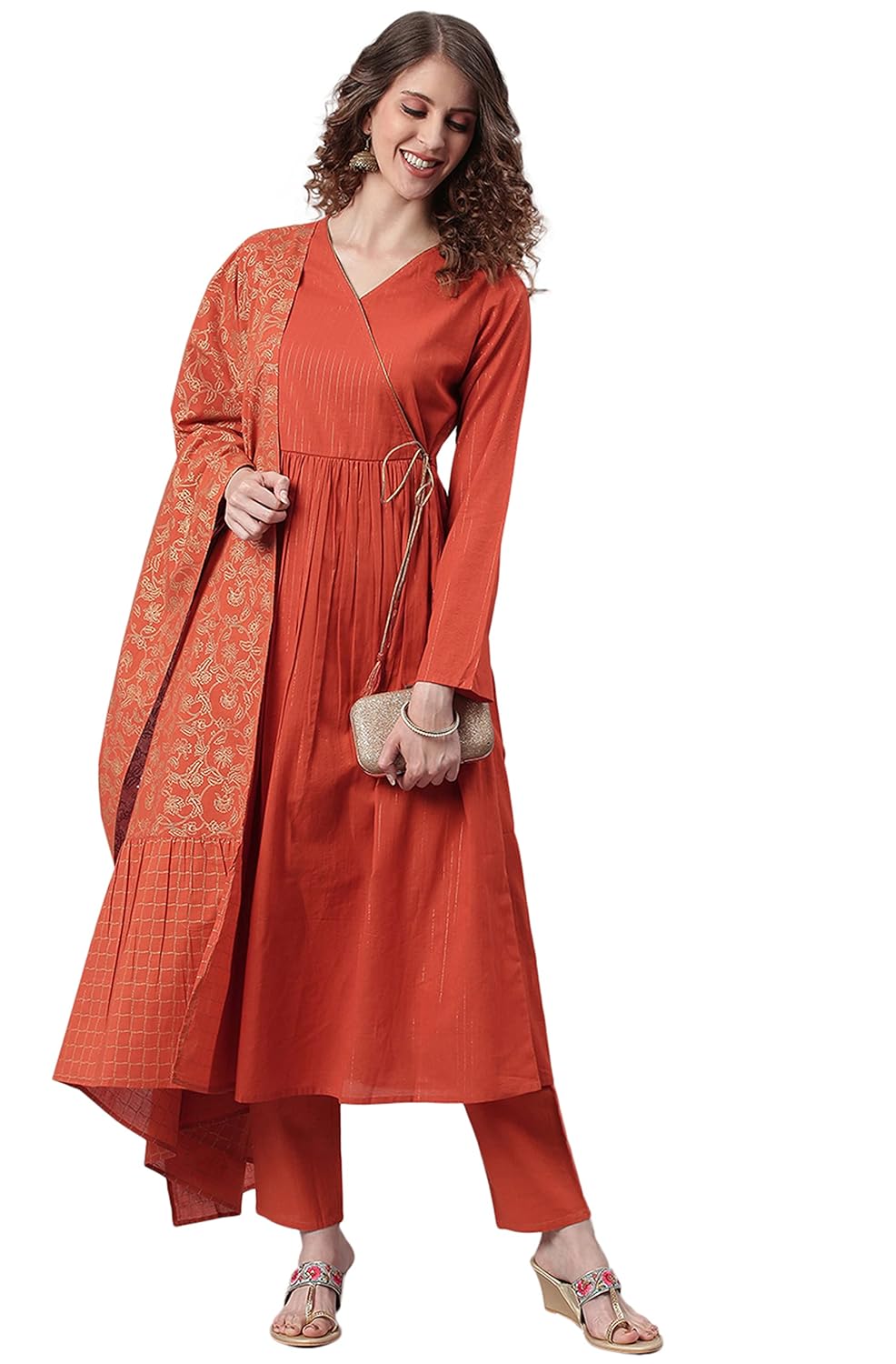 Janasya Women's Orange Cotton Kurta With Pant And Dupatta