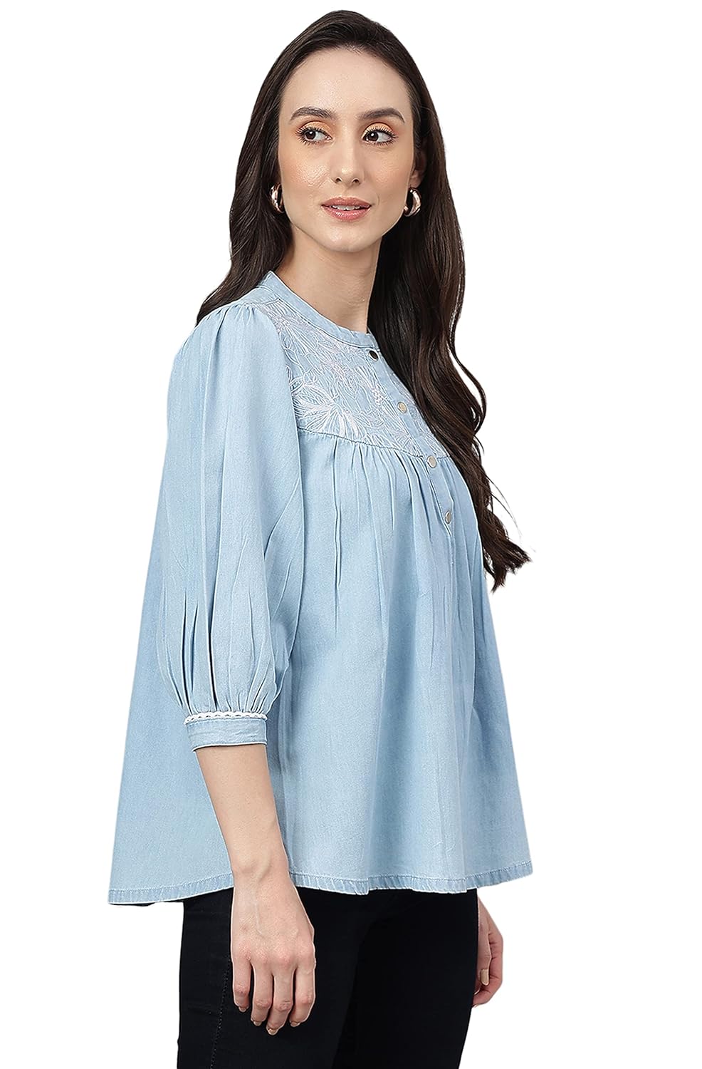 Janasya Women's Light Blue Denim Embroidered Flared Top