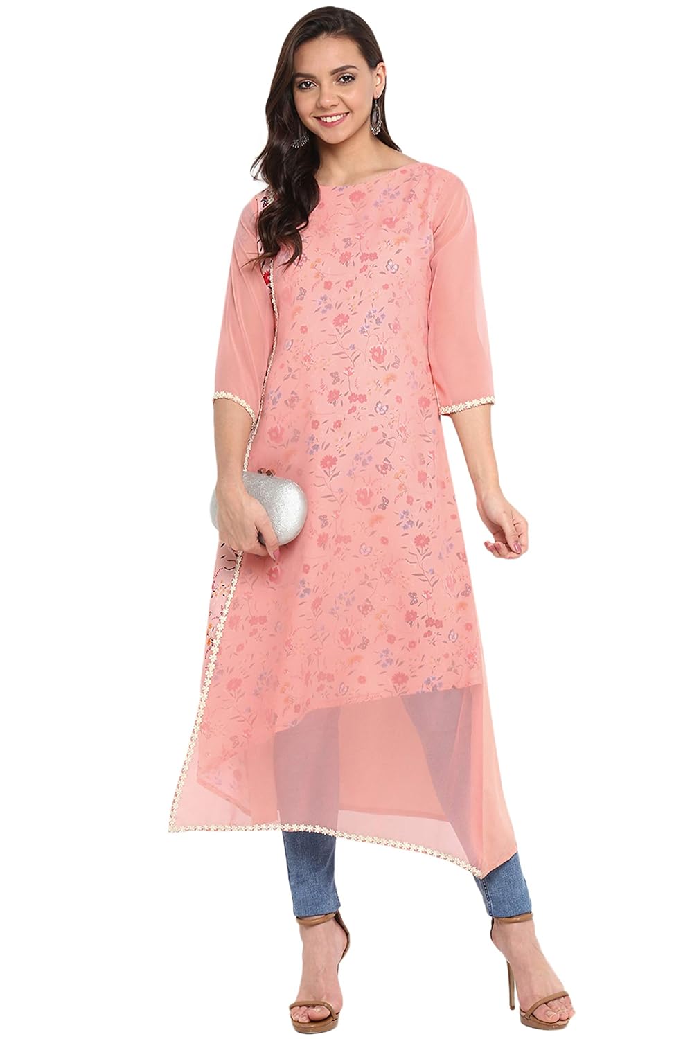 Janasya Women's Pink Poly Crepe A-line Layered Kurta