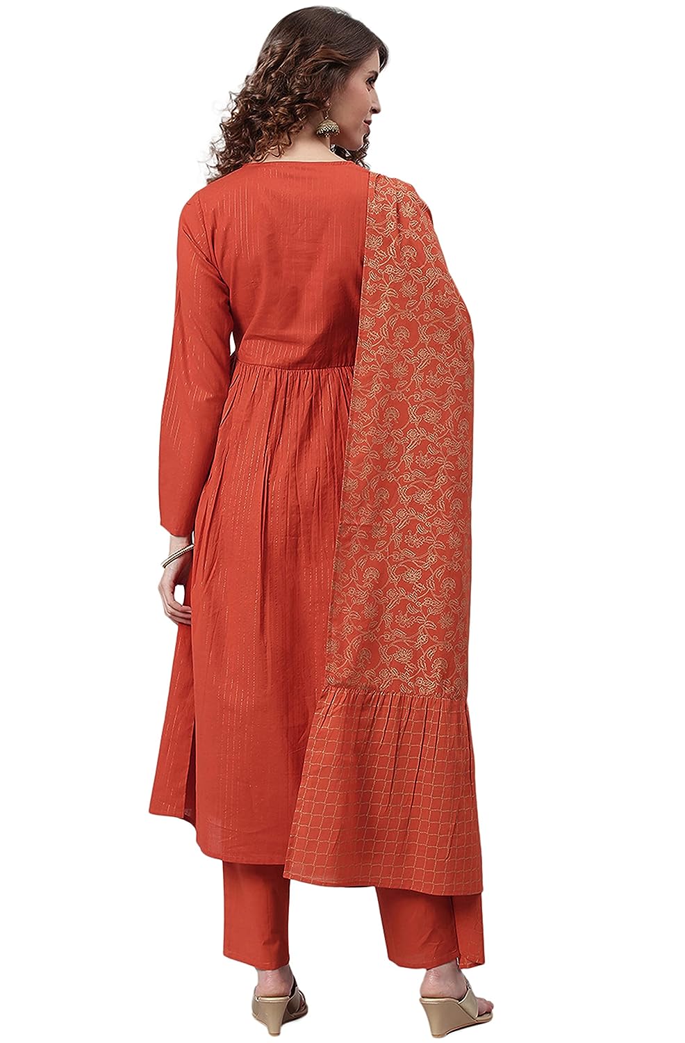 Janasya Women's Orange Cotton Kurta With Pant And Dupatta