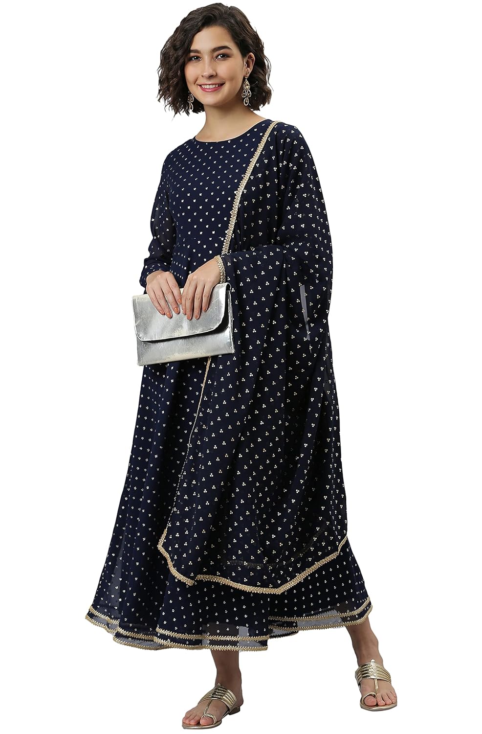 Janasya Women's Navy Blue Poly Georgette Kurta with Dupatta