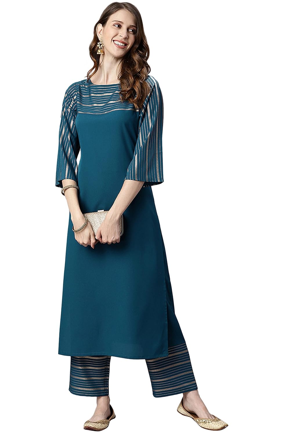 Janasya Women's Teal Poly Crepe Striped Kurta with Palazzo