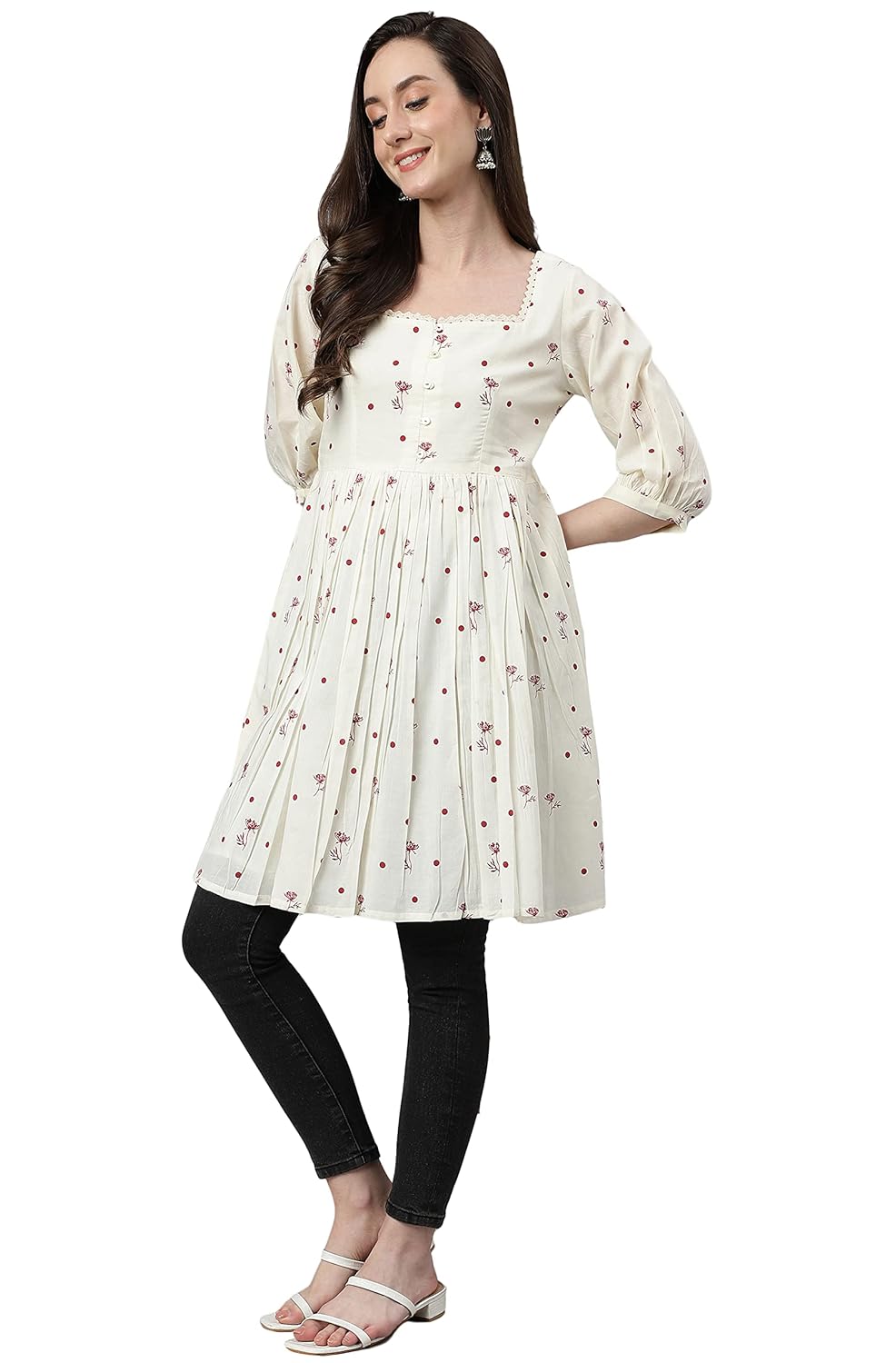 Janasya Women's Off White Cambric Cotton Botanical Print Flared Tunic
