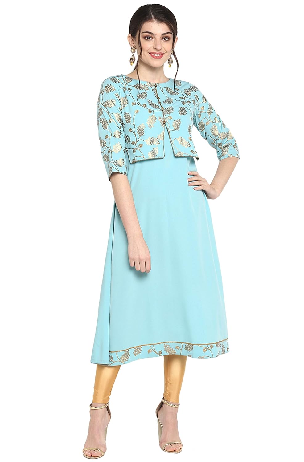 Janasya Women's Turquoise Blue Poly Crepe Gold Print A-Line with Attached Jacket Kurta