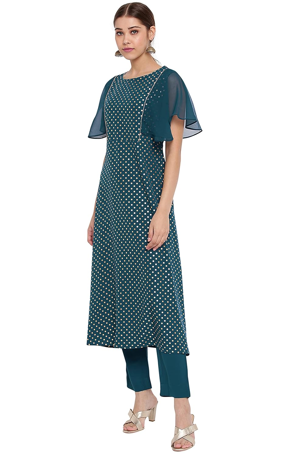 Janasya Women's Teal Poly Crepe Kurta with Pant