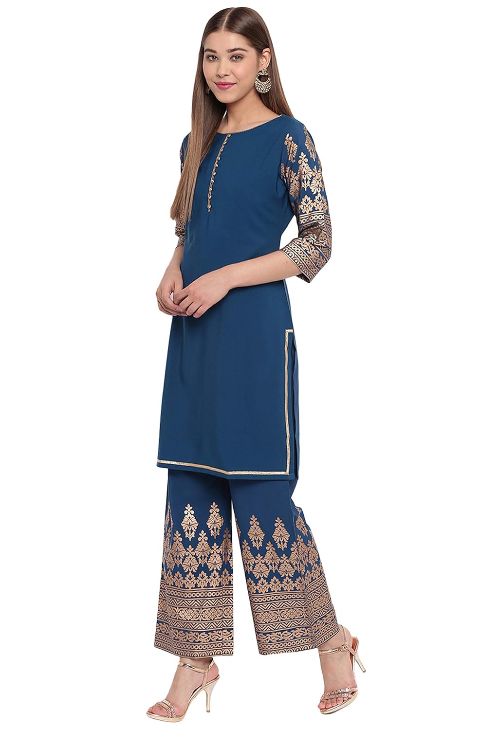 Janasya Women's Teal Poly Crepe Kurti with Palazzo