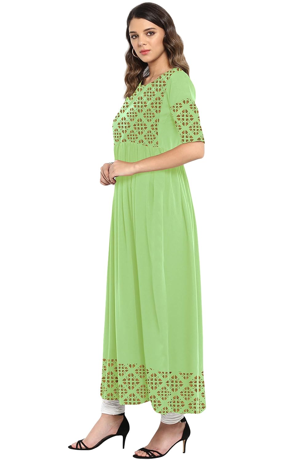 Janasya Women's Poly Crepe Gold Print Flared Kurta Light Green