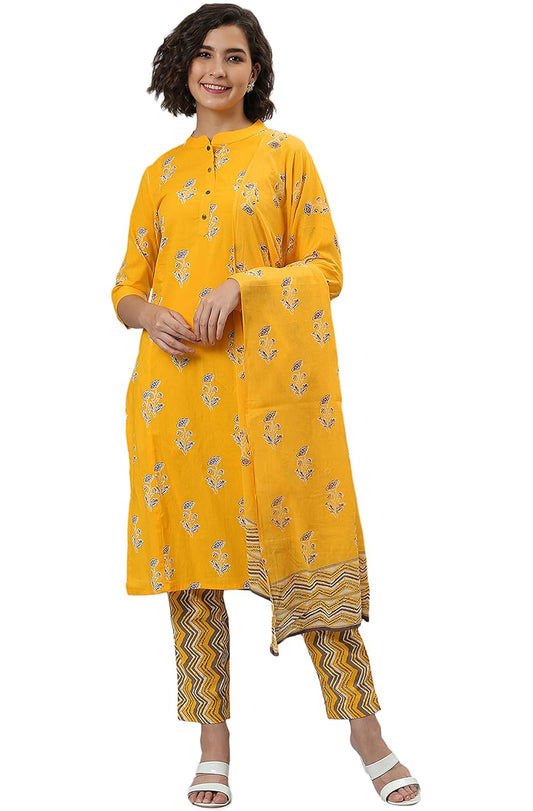 Janasya Women's Yellow Cotton Kurta With Pant and Dupatta
