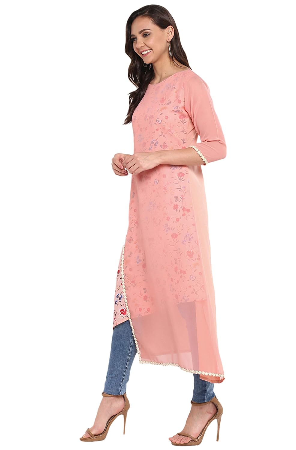 Janasya Women's Pink Poly Crepe A-line Layered Kurta
