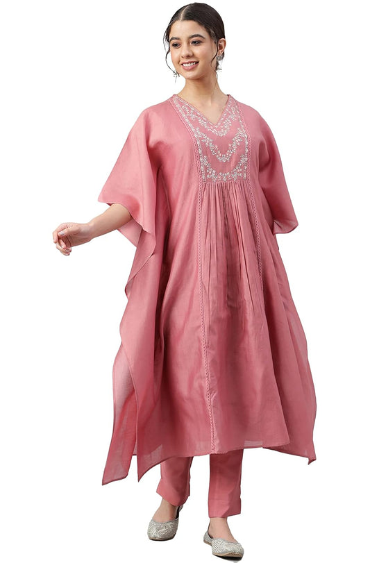 Janasya Women's Pink Polyester Yoke Embroidered Kurta with Pant
