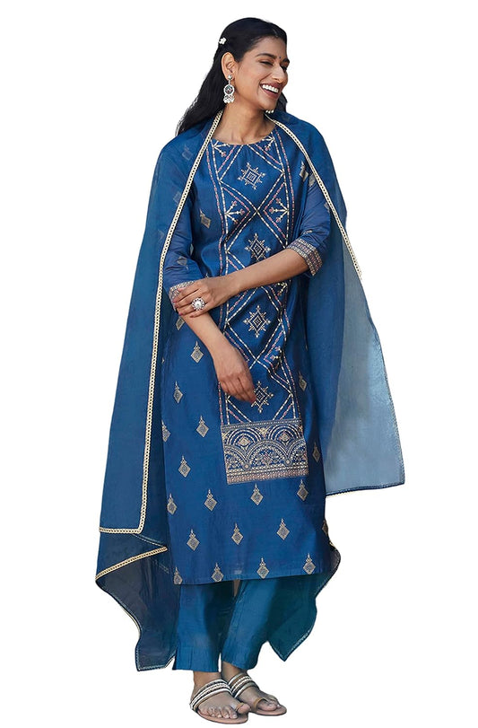 Janasya Women's Teal Poly Silk Kurta With Pant and Dupatta