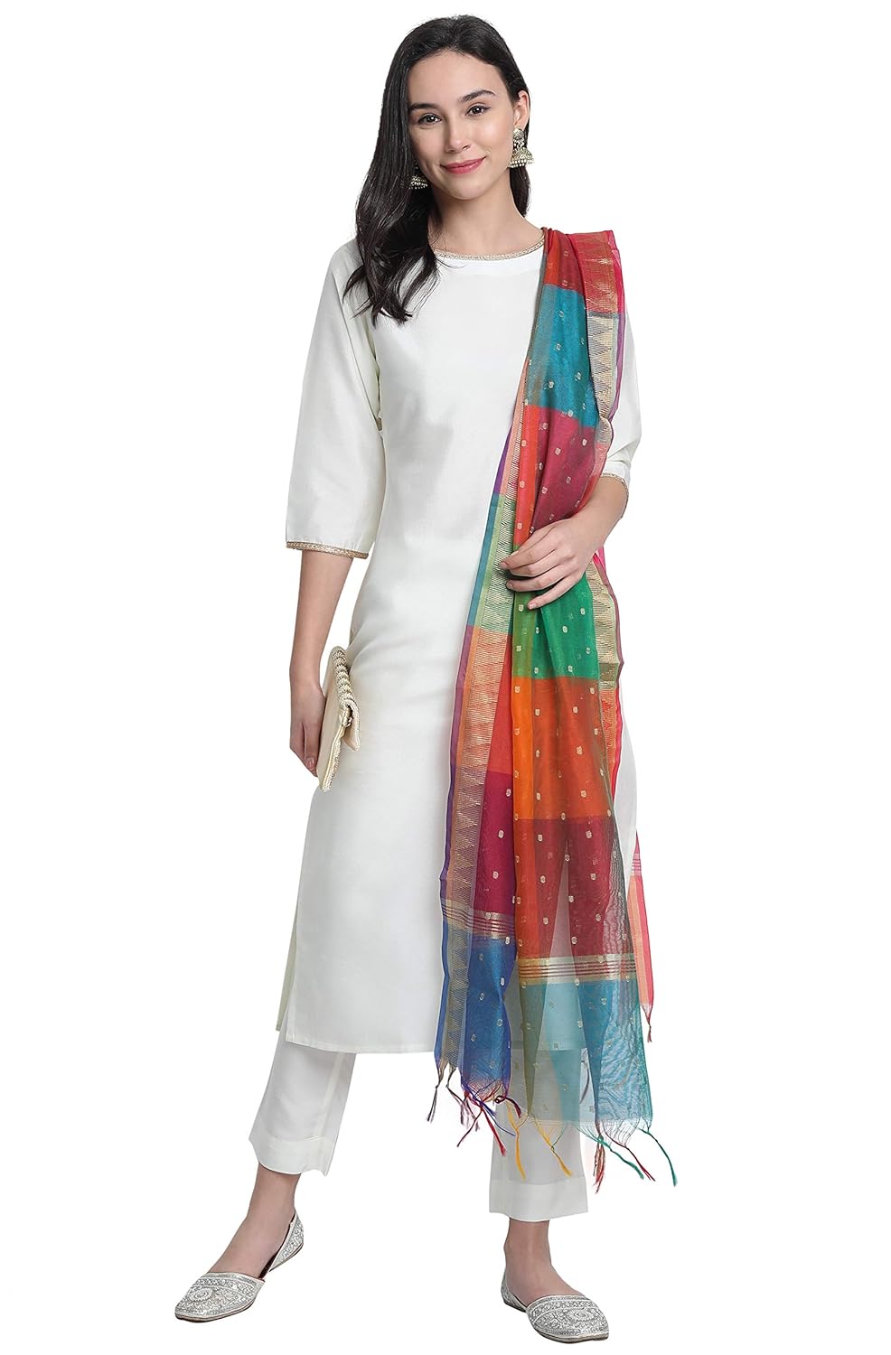 Janasya Women's Off-White Poly Silk Solid Kurta with Pant and Dupatta