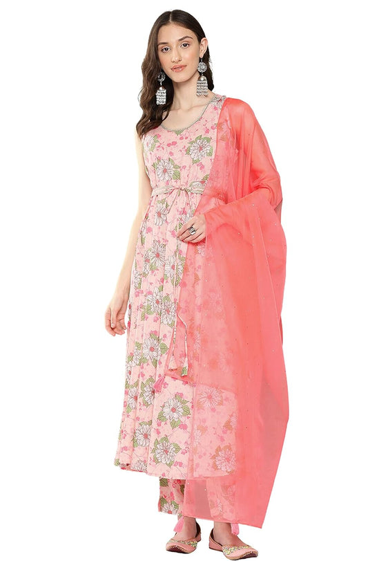 Janasya Women's Peach Moss Digital Floral Printed Kurta with Pant and Dupatta and Waist Tie-Up