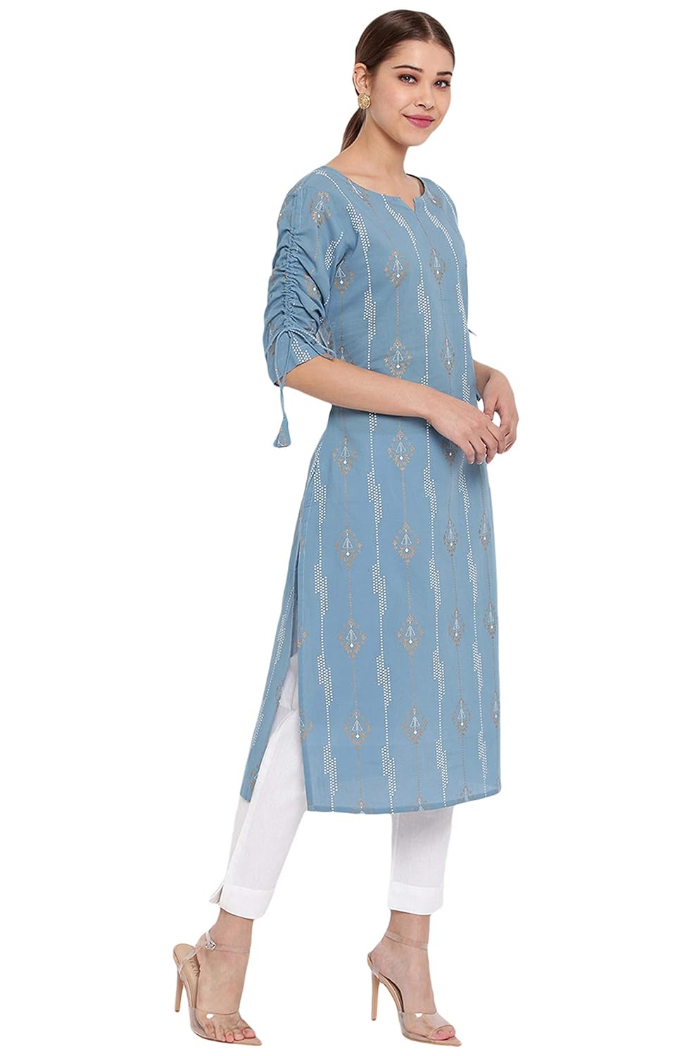 Janasya Women's Blue Cotton Ethnic Motifs Straight Kurta Blue
