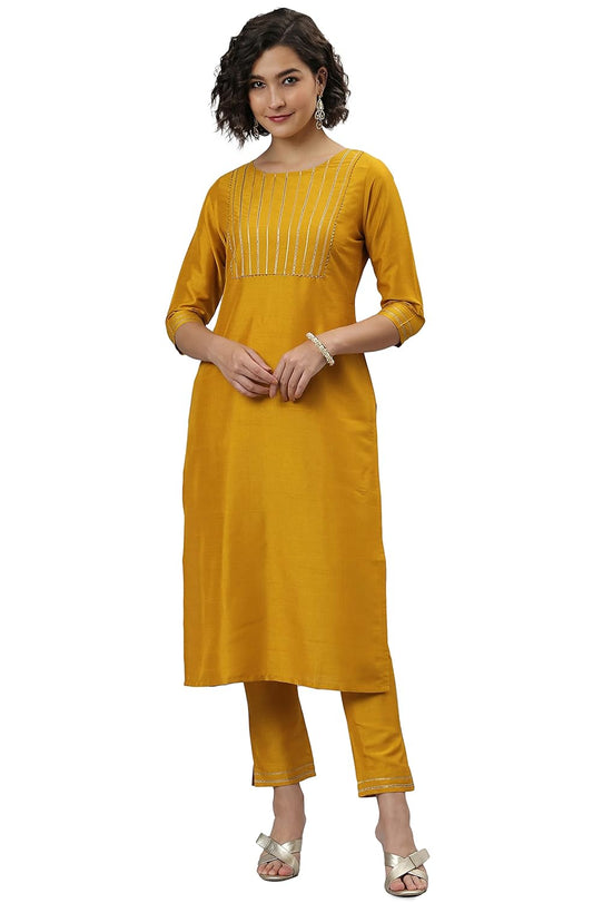 Janasya Women's Mustard Poly Silk Solid Kurta with Pant