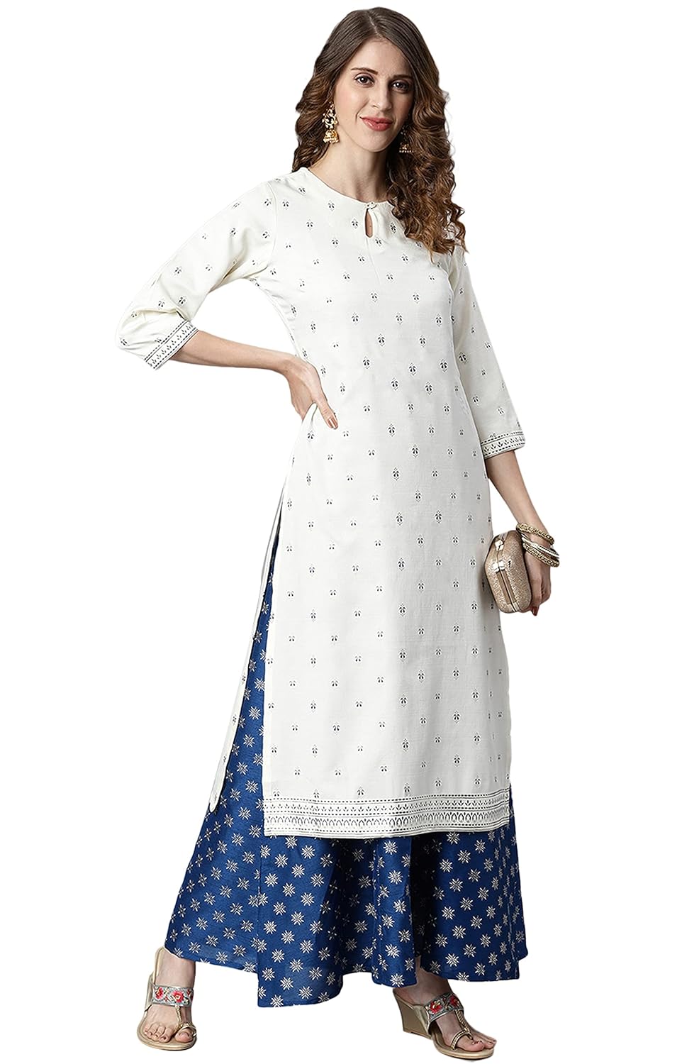 Janasya Women's Off White Poly Silk Ethnic Dress