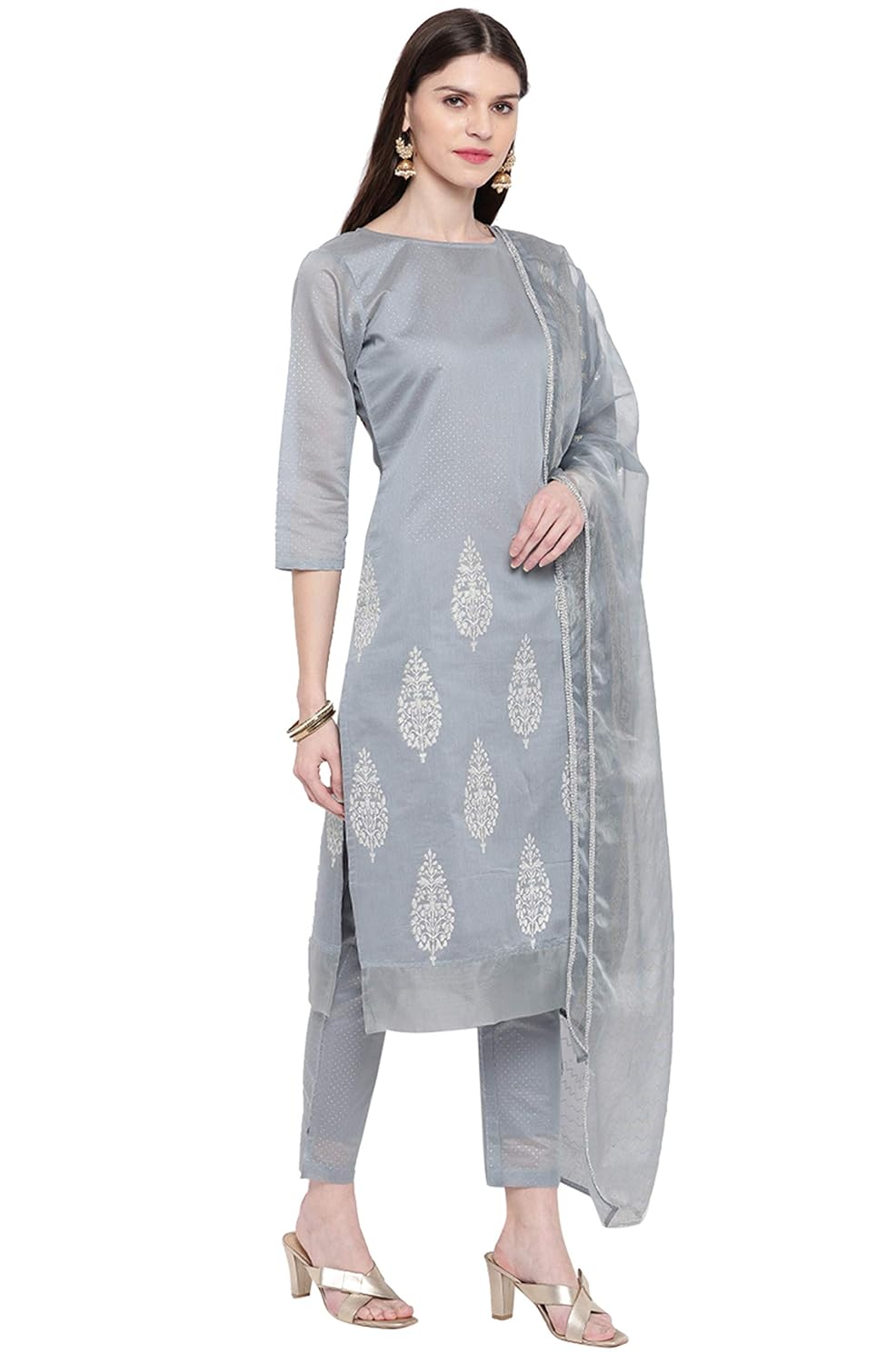 Janasya Women's Grey Poly Chanderi Kurta With Pant and Dupatta