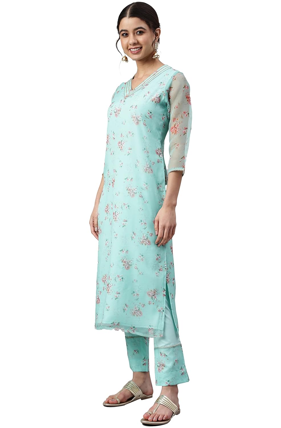 Janasya Women's Sea Green Organza Floral Print Kurta with Pant