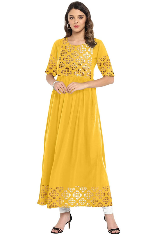 Janasya Women's Poly Crepe Gold Print Flared Kurta Mustard Yellow