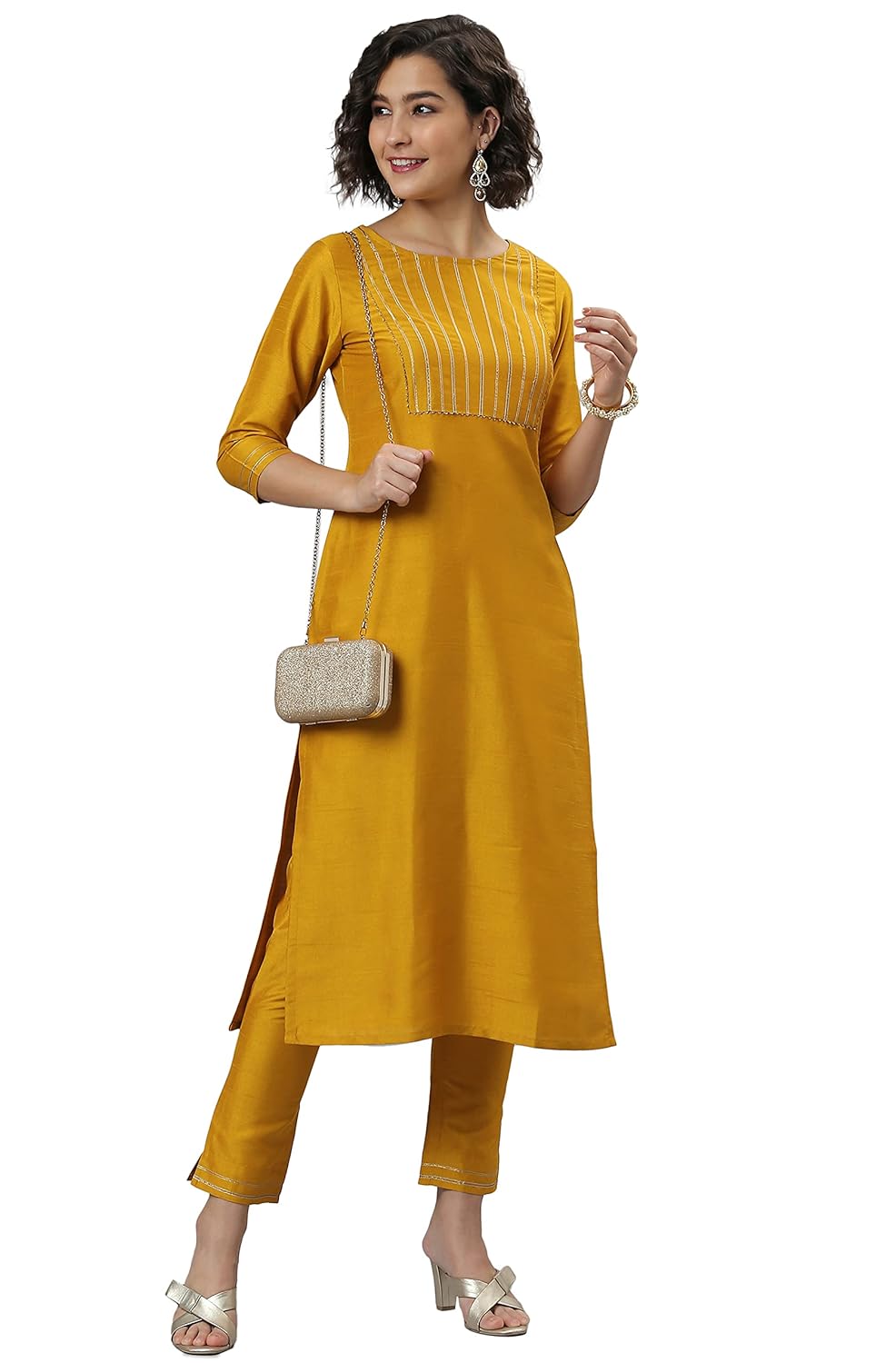 Janasya Women's Mustard Poly Silk Solid Kurta with Pant