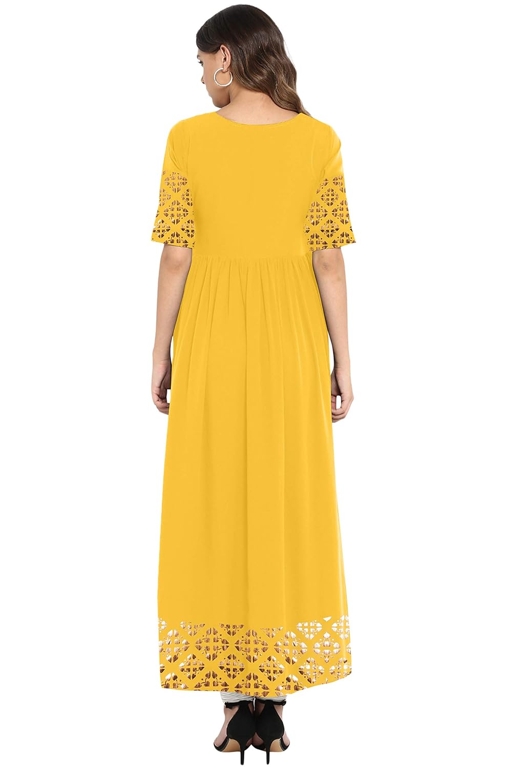 Janasya Women's Poly Crepe Gold Print Flared Kurta Mustard Yellow