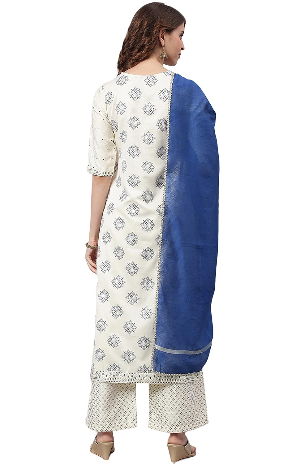 Janasya Women's Off- White and Silver Poly Silk Kurta With Palazzo and Dupatta