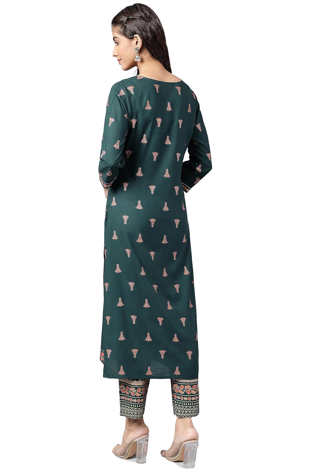 Janasya Women's Teal Green Rayon Foil Printed Kurta with Pant