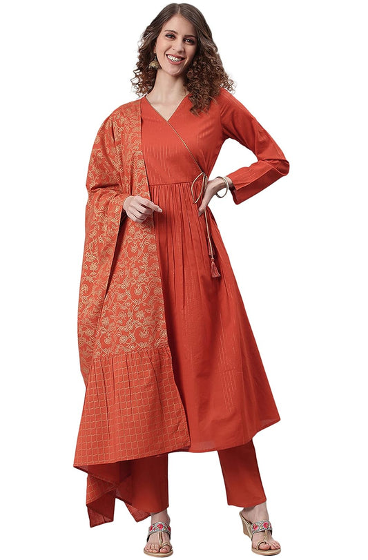 Janasya Women's Orange Cotton Kurta With Pant And Dupatta