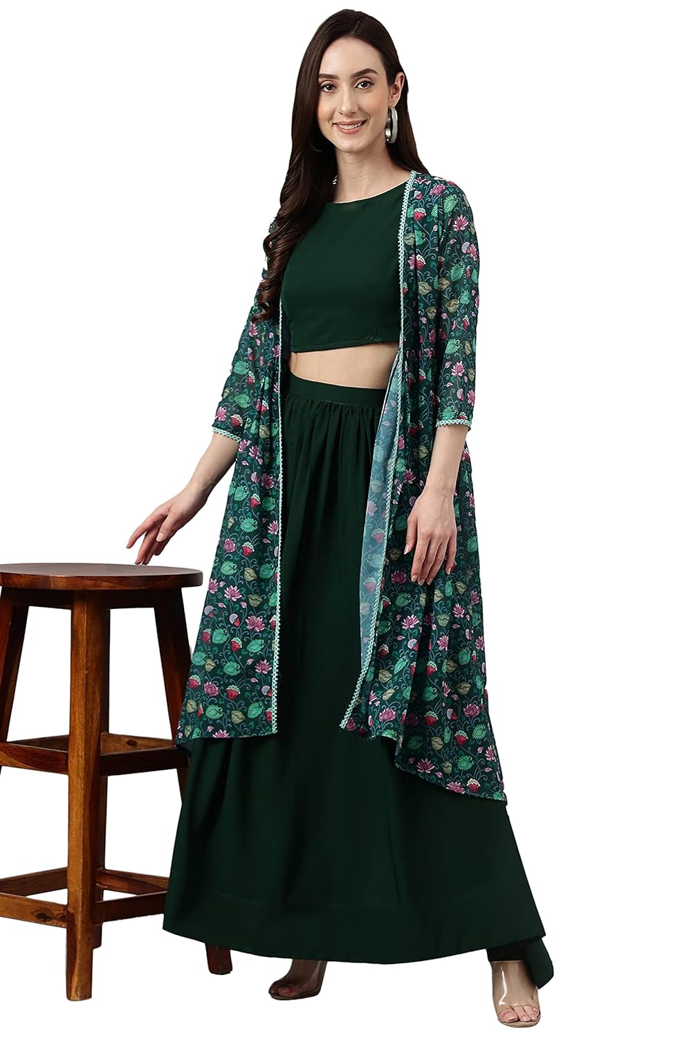 Janasya Women's Green Crepe Solid Crop Top with Skirt and Jacket