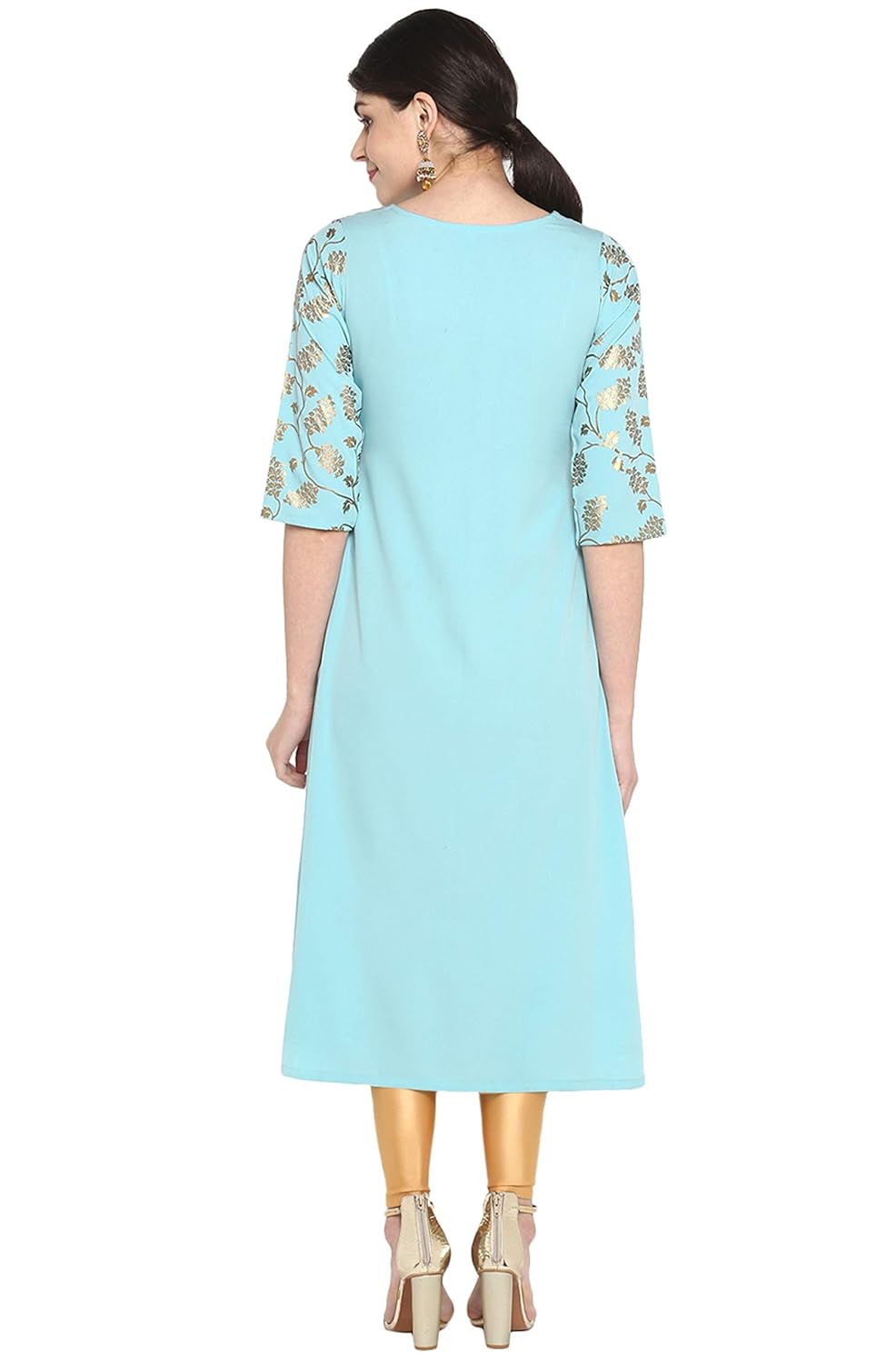 Janasya Women's Turquoise Blue Poly Crepe Gold Print A-Line with Attached Jacket Kurta