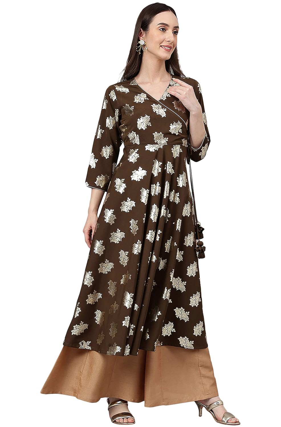 Janasya Women's Olive Crepe Foil Print Angrakha Kurta