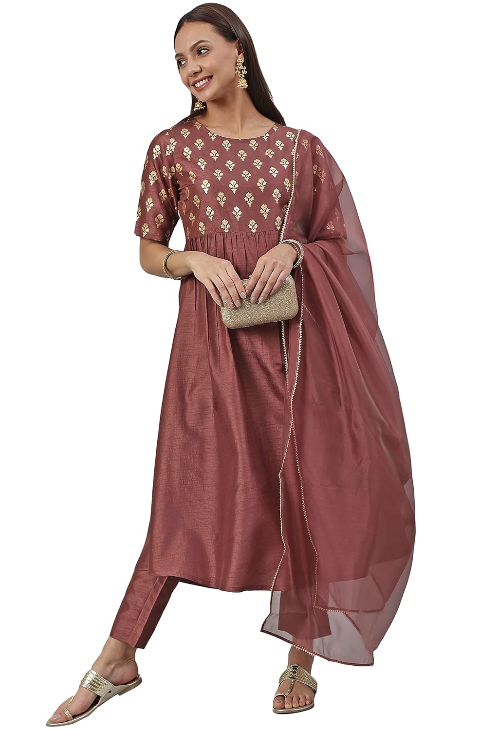 Janasya Women's Brown Poly Silk Foil Print Kurta with Pant and Dupatta