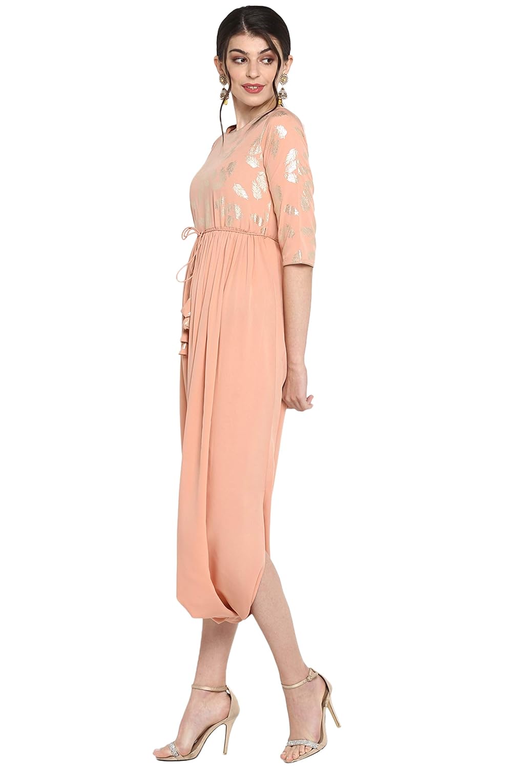 Janasya Women's Peach Poly Crepe Dhoti Style Kurta